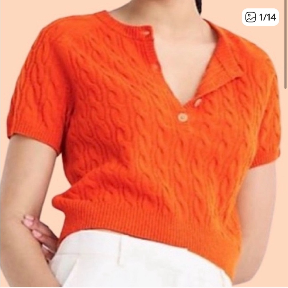 J. Crew Cashmere Cable-Knit Henley Short Sleeve Heather Pumpkin XL new with tags